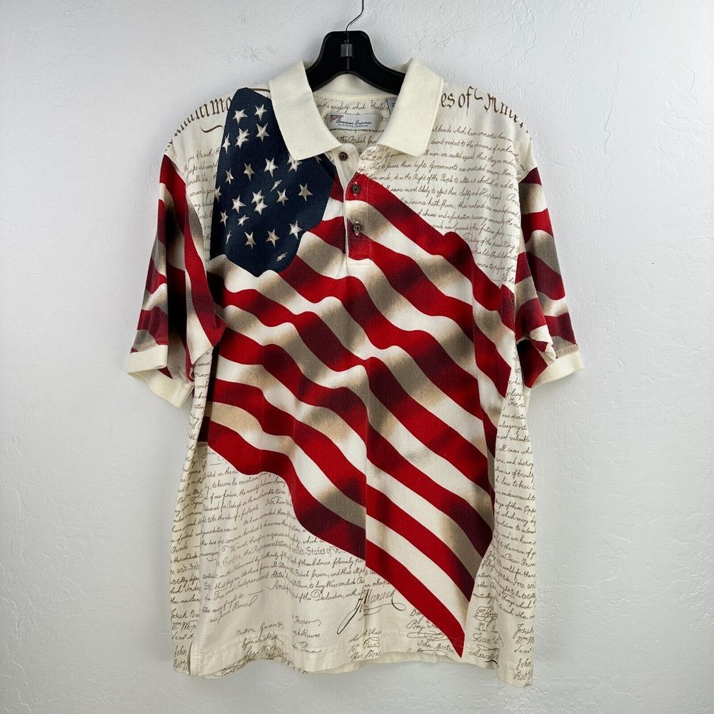 Vintage American Polo Shirt Mens Red Cream‎ L Cotton USA Flag Freedom Holiday